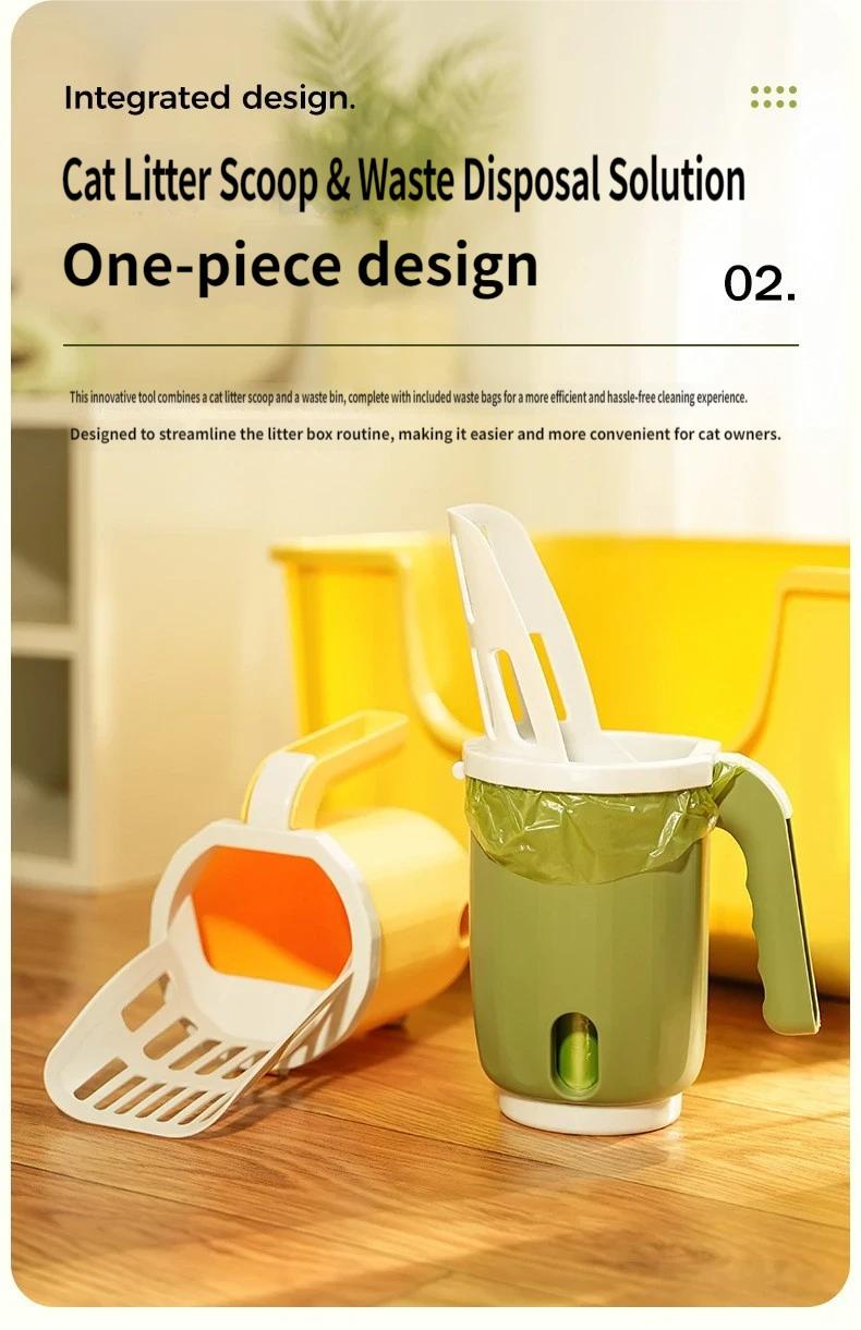 Multi-Function Cat Litter Scoop With Built-In Trash Bin, Large Capacity Litter Scooper With Bag Storage, Dual Gap 6mm+8mm Sifter Scoop For Most Cat Litter, No-Mess Litter Box Cleaner With Ergonomic Handle