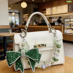 Elegant Handmade Full Rhinestone Double-Layer Bow Bag Charm - Mixed Crystal Beaded Chain Keychain with Dual Detachable Rings, Phone Purse Accessory for Handbags/Backpacks, Beach Travel Essential, Thoughtful Gift for Her