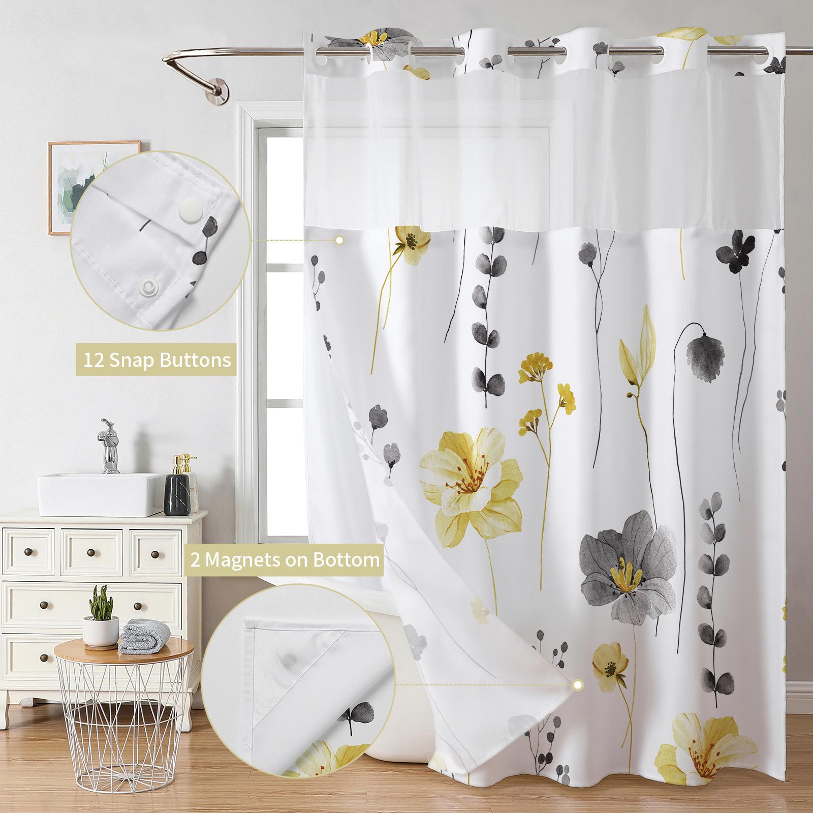 Ink and wash flower double-layer shower curtain, no hooks, fresh country style home decoration, bathroom accessories, 72x75in