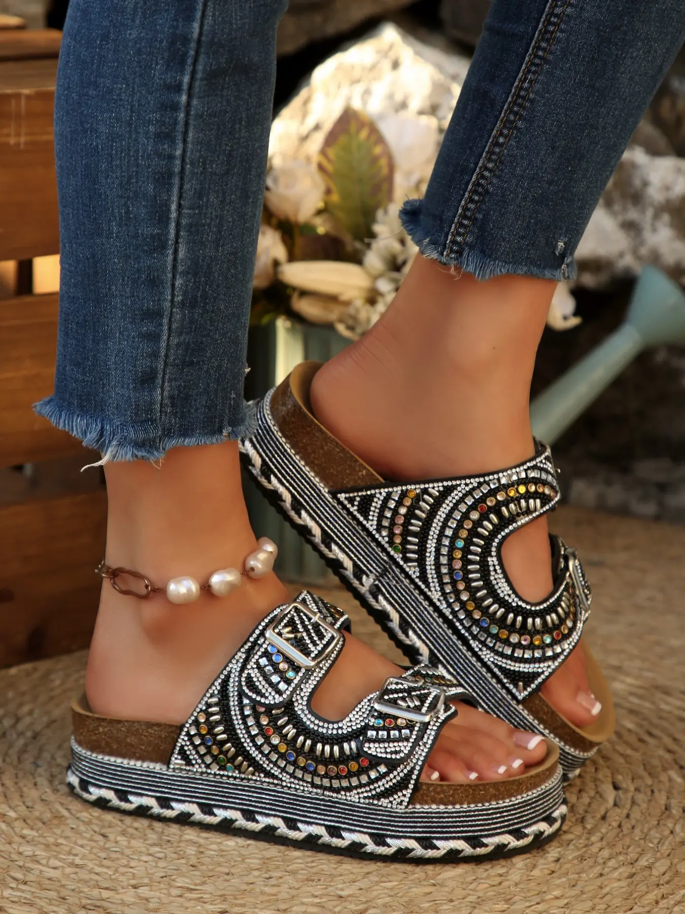 Women's Fashion New Summer Affordable Thick Soled Slippers, Glitter Design Slides, Large Size Sequins Dual Buckle Sandals, Shiny Rhinestone Casual Slip-Ons, Waterproof Thick Sole, Footwear