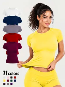 Women's New Nylon High Stretch Moisture Wicking Seamless Short Sleeve Fitness T-Shirt, Butt Coverage Long Sleeves