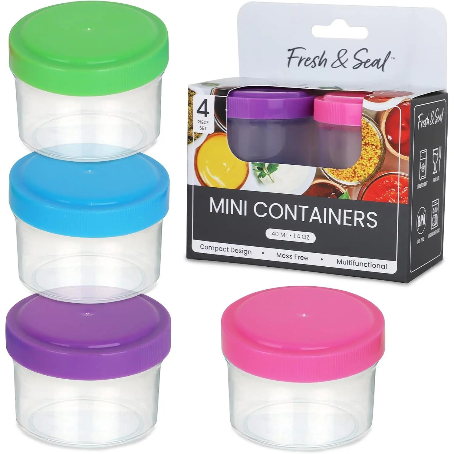 Condiment Containers with Screw  (4-) -  Leakproof Salad Dressing Containers to go - Small Mini  Storage Cups for Lunch, Dishwasher Friendly, 1.4-Ounce
