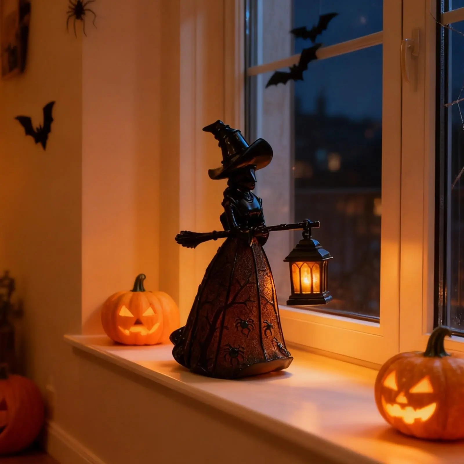 Halloween Witch Lamp, Spooky Handheld Lantern Decor, Resin Witch Statue Light Fixture, Decorative Ornament, Table Centerpiece for Living Room Dining Table