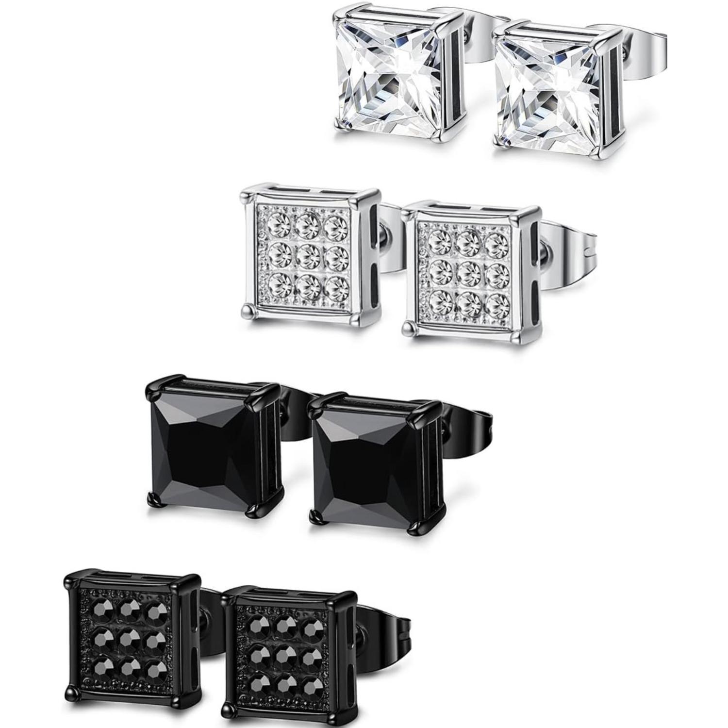 FIBO STEEL 4/8 Pairs 316L Stainless Steel Square CZ Stud Earrings for Men Women 6-8MM AAA+ Shiny Cubic Zirconia Earrings Set