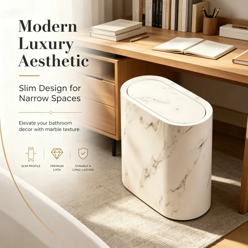 Premium Look Marble Pattern Slim Bathroom Garbage Bin Compact Oval Shape Durable Household Restroom Waste Storage Bucket