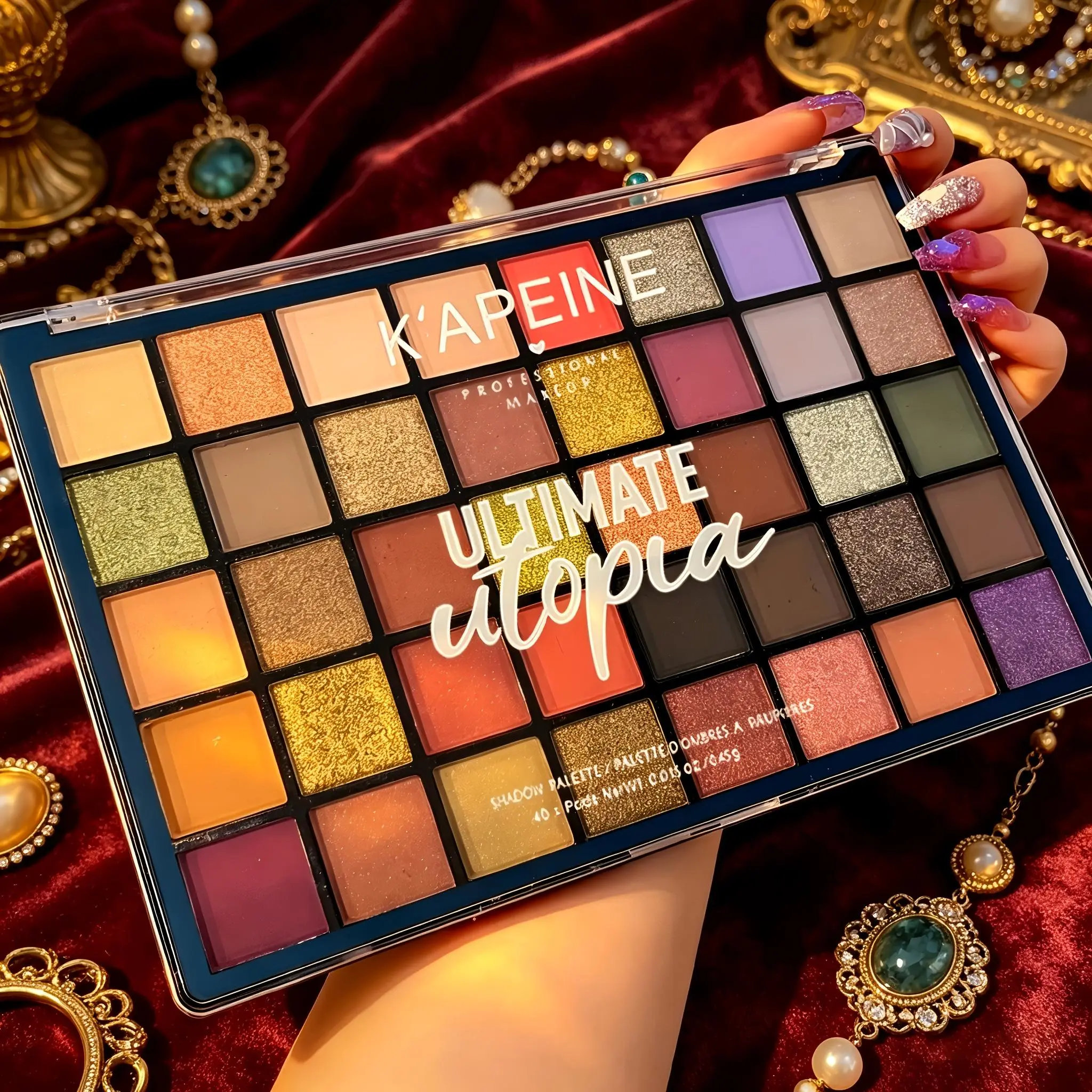 K'APEINE Utopia 40 Colors Eyeshadow Palette with matte, shimmer, fine glitter & pressed glitter textures. Highly pigmented, blendable & long-lasting, versatile for daily makeup, party stage and festival creative eye looks, Glitter eyeshadows