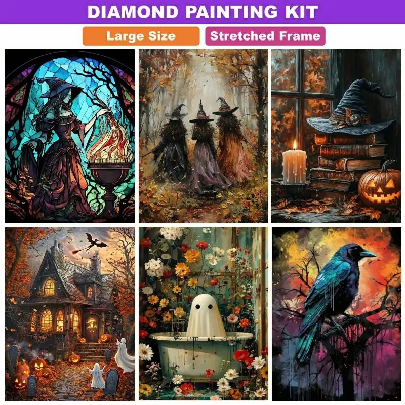 Framed 5D DIY Cross-Stitch Diamond Painting Kit - Vintage Halloween Collection with Stained Glass Figure, 3 Forest Figures, Witch Hat Book, Haunted House, Ghost, Gothic Crow, Ideal for Wall Decor & Relaxing Hobby Crafts