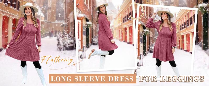 WIHOLL Womens Square Neck Long Sleeve Fall Dresses Casual Babydoll Sweater Dress