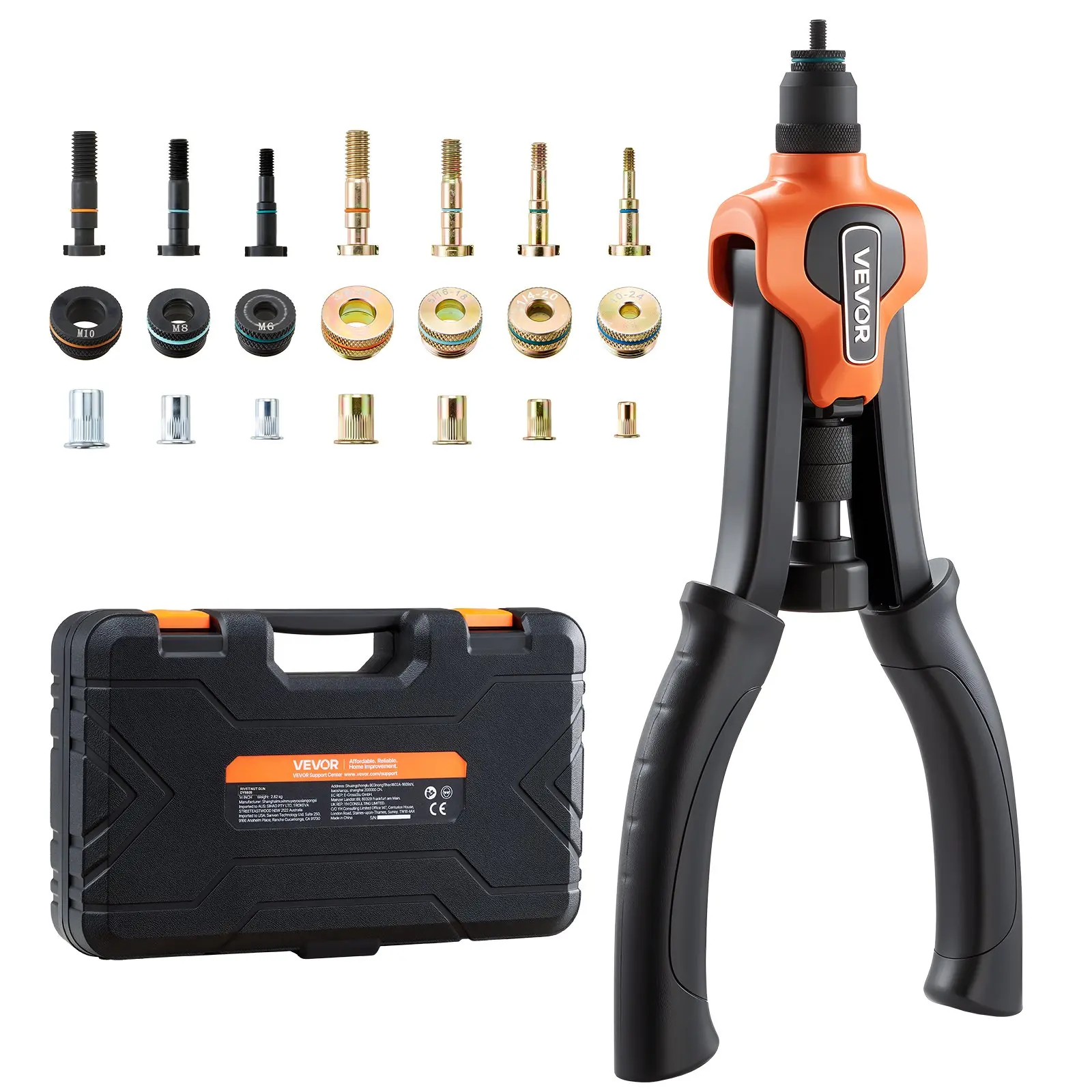 VEVOR Rivet Nut Tool Kit, 14-Inch Two-Handed Rivnut Tool Kit, with 7 Mandrels and 70 Nuts, Metric and SAE Size M6, M8, M10, 10-24, 1/4-20, 5/16-18, 3/8-16 UNC, with a Carrying Case, for Home, Auto