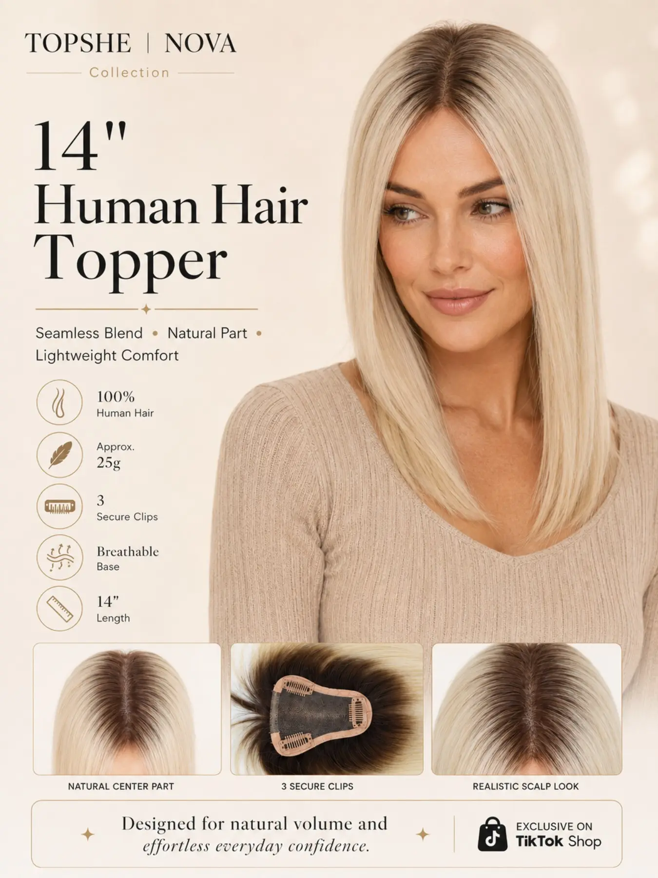 Topshe 1pc 100% Human Hair Topper for Women Blonde Ombre & Platinum Silk Base Invisible Clip-in Hairpiece Cover Thinning Hair Add Volume Natural Looking Daily Wear