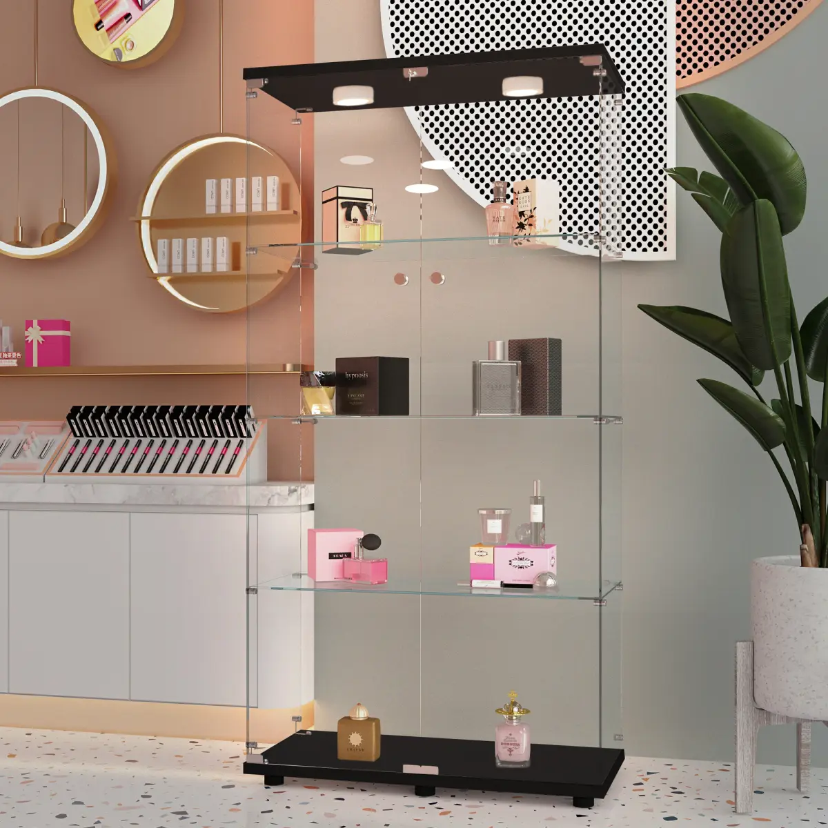 AobtkelTempered glass display cabinet,wine cabinet,storage cabinet,file cabinet,with a variety of colors of pat lights,door locks,adjustable floor feet suitable for uneven ground,can be placed anywhere,black