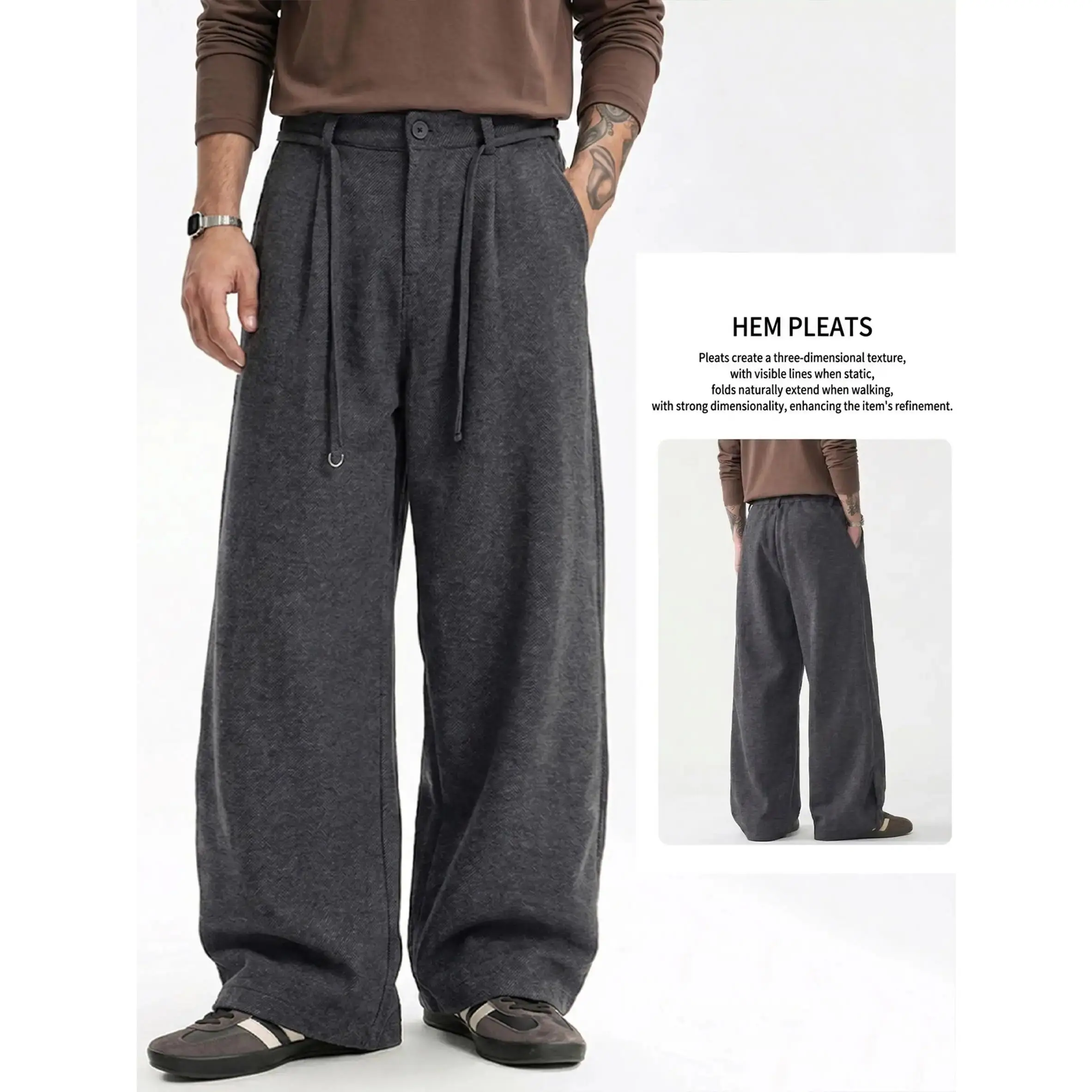 Men's Herringbone Woven Textured Wide Leg Casual Pants, Button Closure Waist with Thin Drawstring, Pleated Cuff Hem Loose Baggy Trousers, Warm Daily Bottoms for Autumn