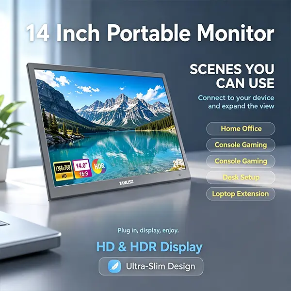 14-Inch Portable Monitor, 1366x768 HD IPS HDR Ultra-Slim External Display with USB-C, HDMI, Built-In Speakers for Laptop, PC, Switch,PS5,Xbox
