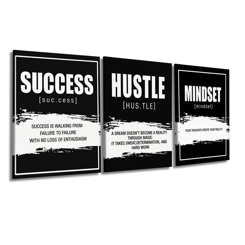 3-Panel Wooden-Framed Canvas Wall Art, Black & White Success Hustle Mindset Inspirational Typography Art, Premium Canvas Prints For Office, Study, Business Workspace, Modern Entrepreneur Room Wall Decor
