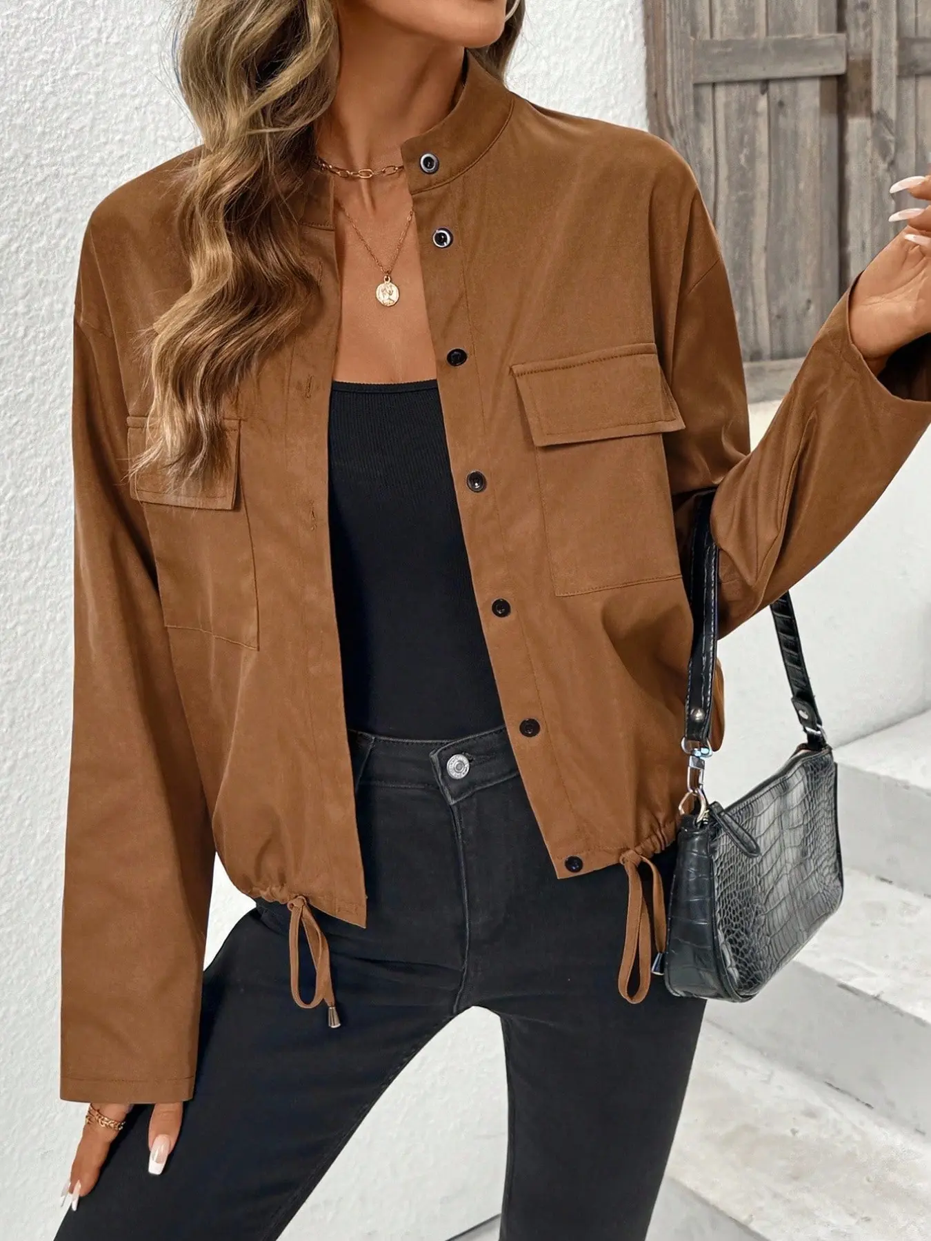 Women's Casual Commute Drawstring Jacket, Caramel Color Stand Collar Button Short Workwear Coat, Fashionable All-Season Outerwear