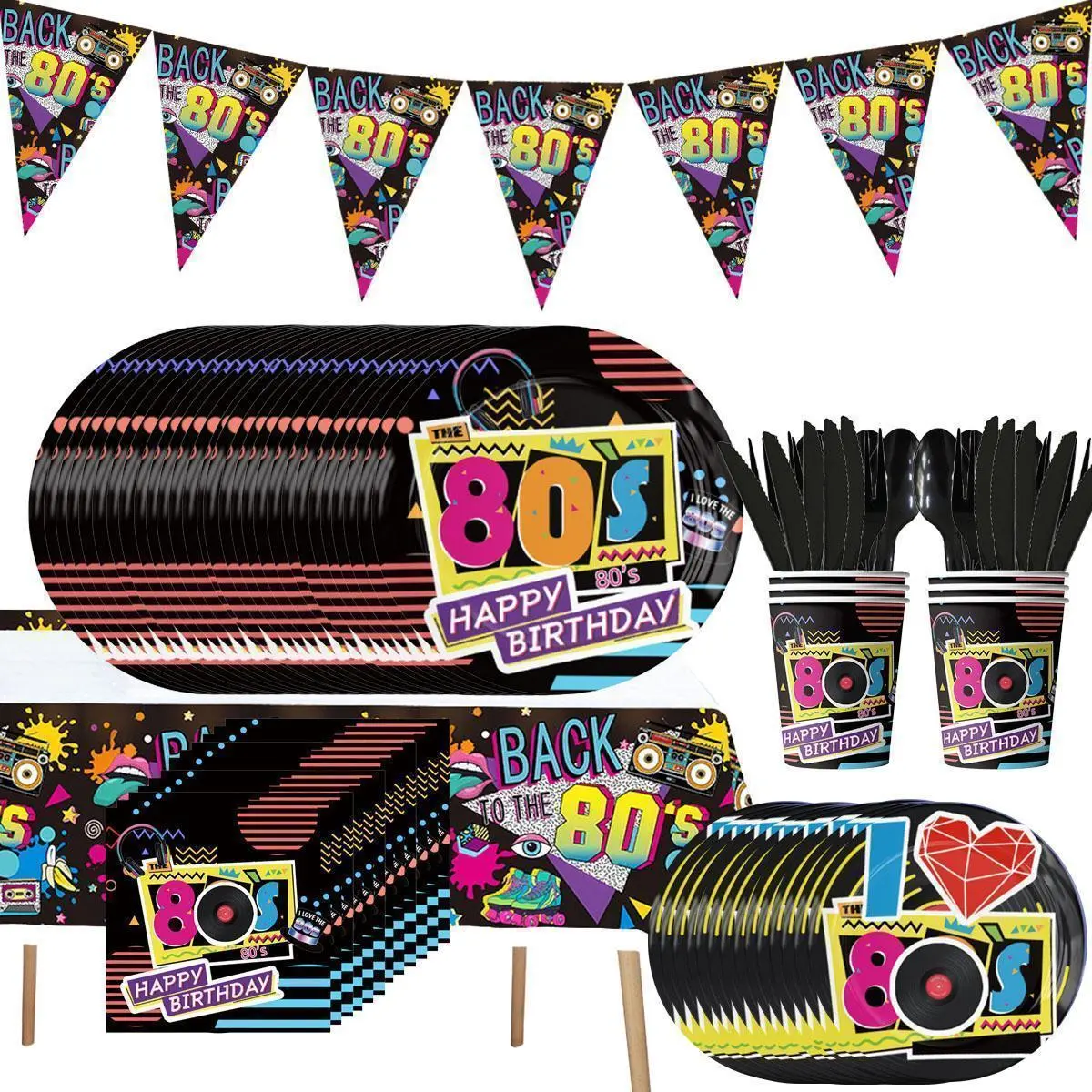 80s Theme Birthday Party Disposable Tableware Set - 7inch Plates, Napkins, Cups for Classic Novelty Party Decor