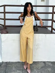 American Style Casual Strap Wide Leg Romper for Women, Solid Color Versatile Large Pockets Loose Fit Slimming Workwear Nine-Part Strap Pants