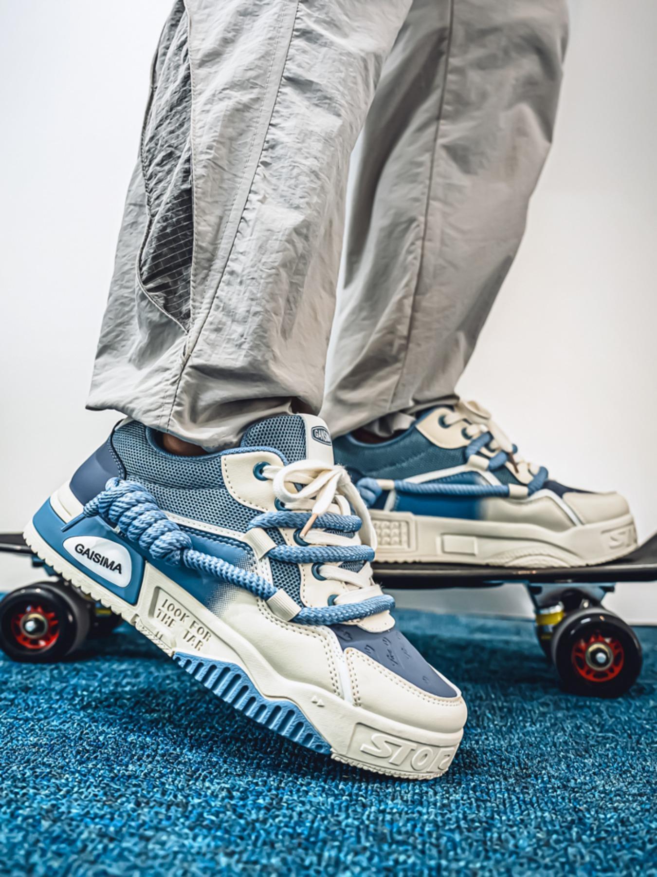 Men's Sporty Lace-Up Thick Sole Sneakers, Breathable Comfortable PU Leather Shoes, All-Season Outdoor Skateboarding Footwear