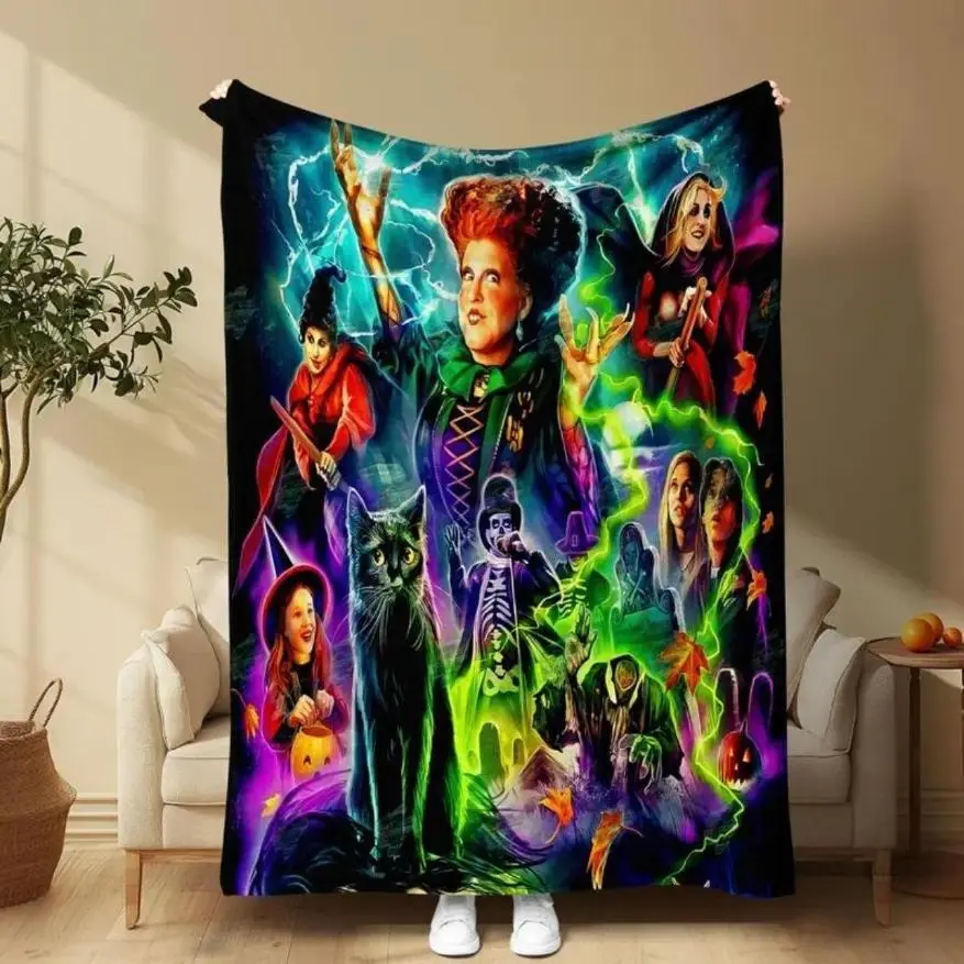 Hocus Pocus Poster Pattern Flannel Throw Blanket, Soft Comfortable Throw Blanket, Cool Bedroom Bedding Blankets, Warm Napping Blanket For Home Office Travel Camping, Christmas Gifts, Halloween Horror Decor