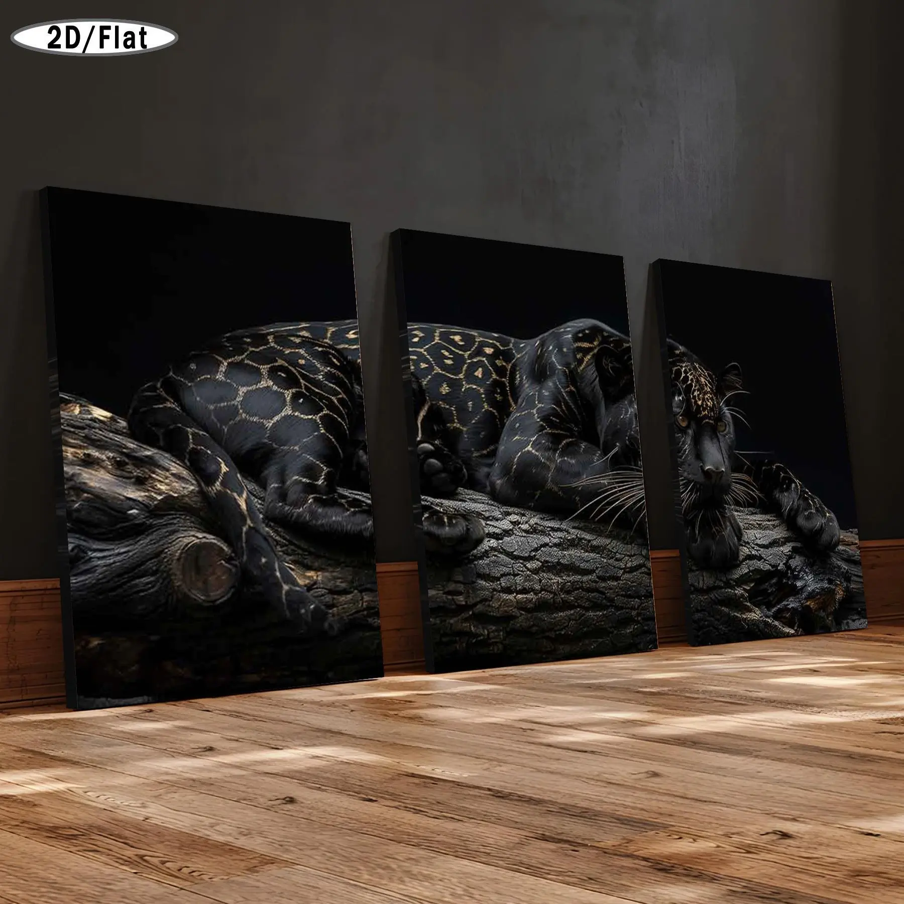 2D painting, 3-piece set of wooden framed canvas decorative paintings, black panther canvas print with gold patterns - interior home wall decoration art