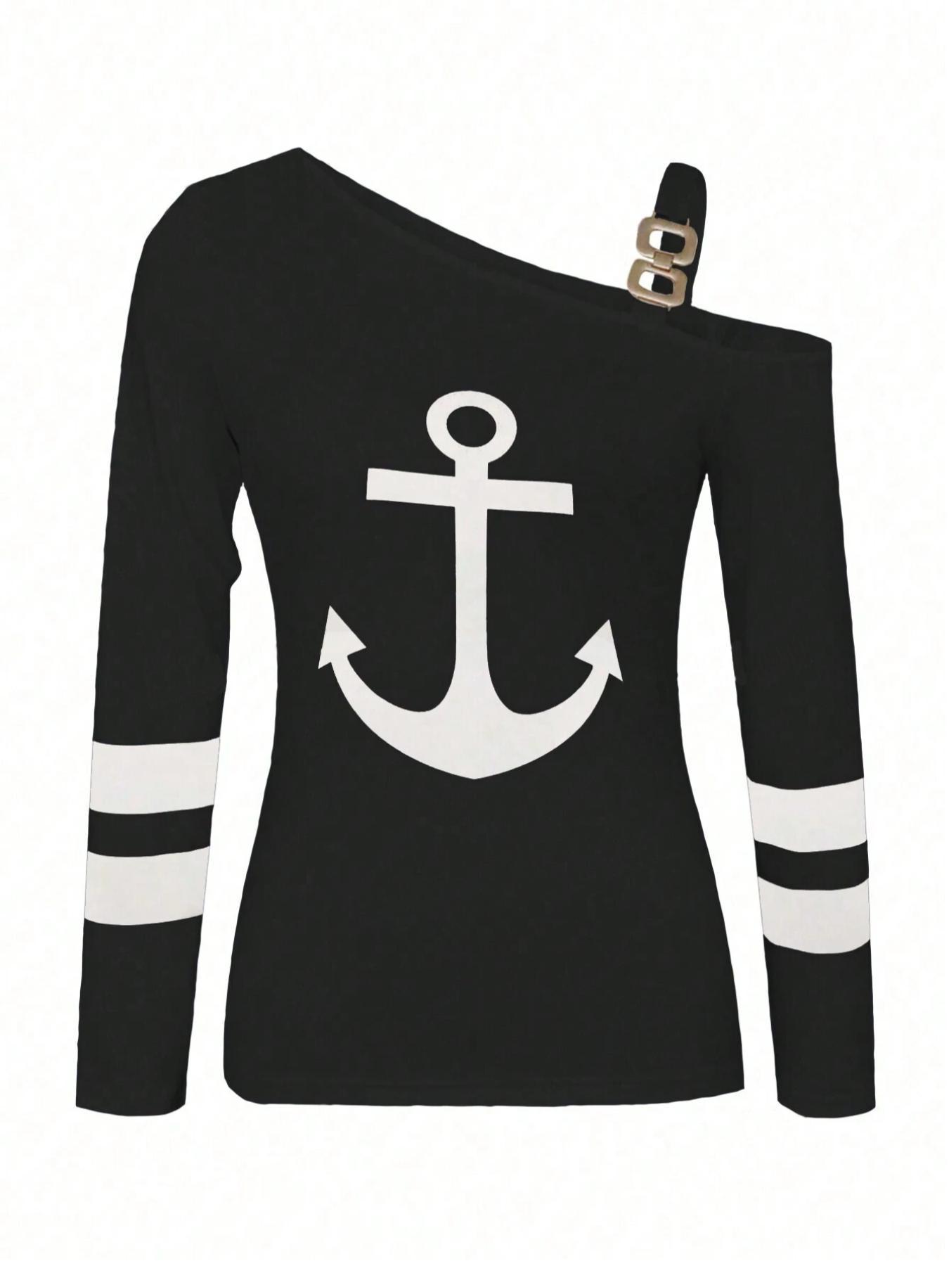 Women's Anchor Print Asymmetrical Neck Tee, Casual Long Sleeve Fitted T-shirt for Daily Wear, Ladies Clothes for All Seasons, Clothing, Top