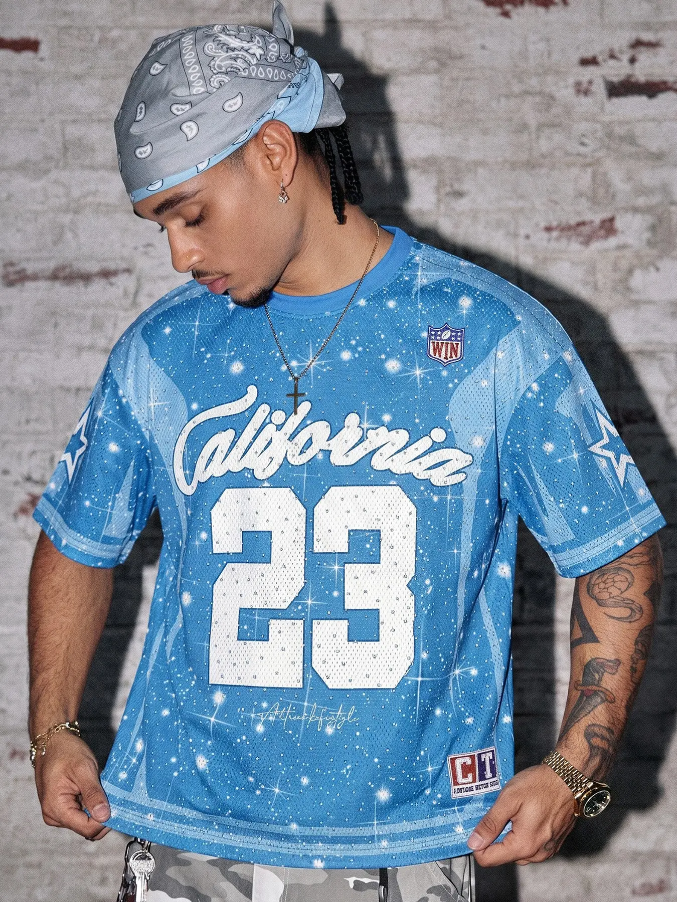 Men Blue "California 23" Rhinestone Mesh Oversized Football Jersey, Y2K Hip Hop Streetwear Sparkly Rhinestone Print Mesh Top, Casual High Street Graphic Tee #rhinestonejersey #streetwear #tiktokmademebuyit #hiphopfashion