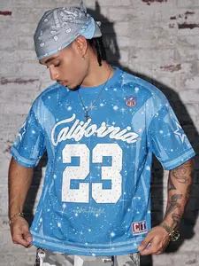Men Blue "California 23" Rhinestone Mesh Oversized Football Jersey, Y2K Hip Hop Streetwear Sparkly Rhinestone Print Mesh Top, Casual High Street Graphic Tee #rhinestonejersey #streetwear #tiktokmademebuyit #hiphopfashion