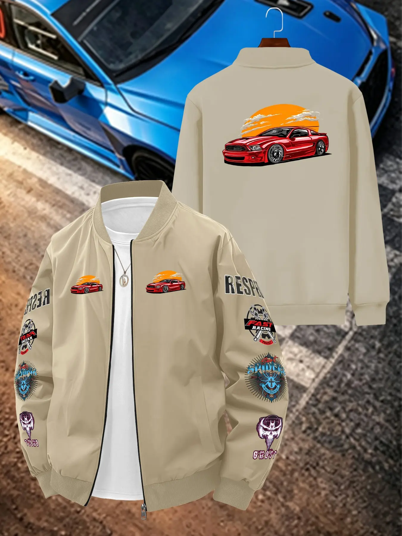 Sunset Theme Pattern Print Men's Casual Jacket, Long Sleeve Loose-Fitting Outerwear, Geometric Design, All Seasons Wear