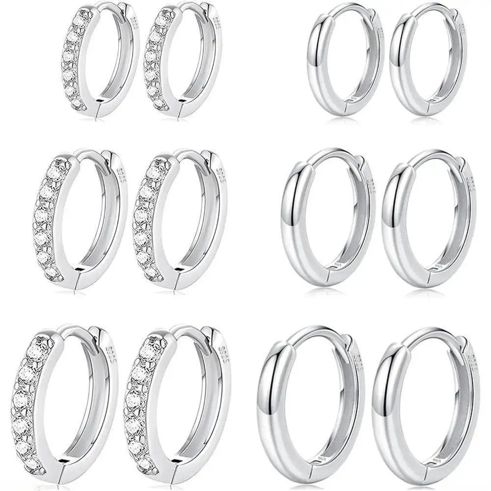 6 Pairs Silver Hoop Earrings Set, Stainless Steel Huggie Hoops with Cubic Zirconia, 8/10/12mm Multiple Piercing Earring Set, Hypoallergenic Waterproof Everyday Jewelry for Women
