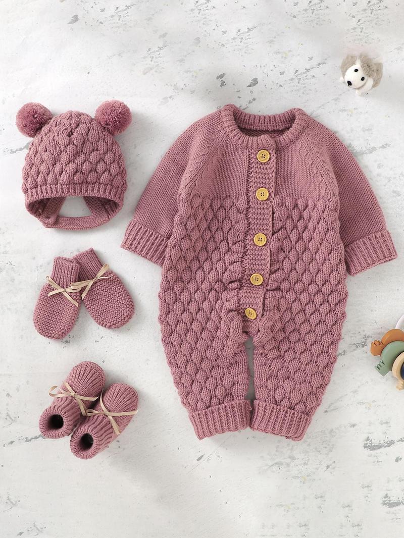 Baby's Button Front Sweater Jumpsuit & Pom Pom Decor Baby Bonnet & Bow Decor Mittens & Knit Baby Shoes Set, Cute Onesies Set for Newborn Infant Kids, Newborn Gift Set, Baby Clothing