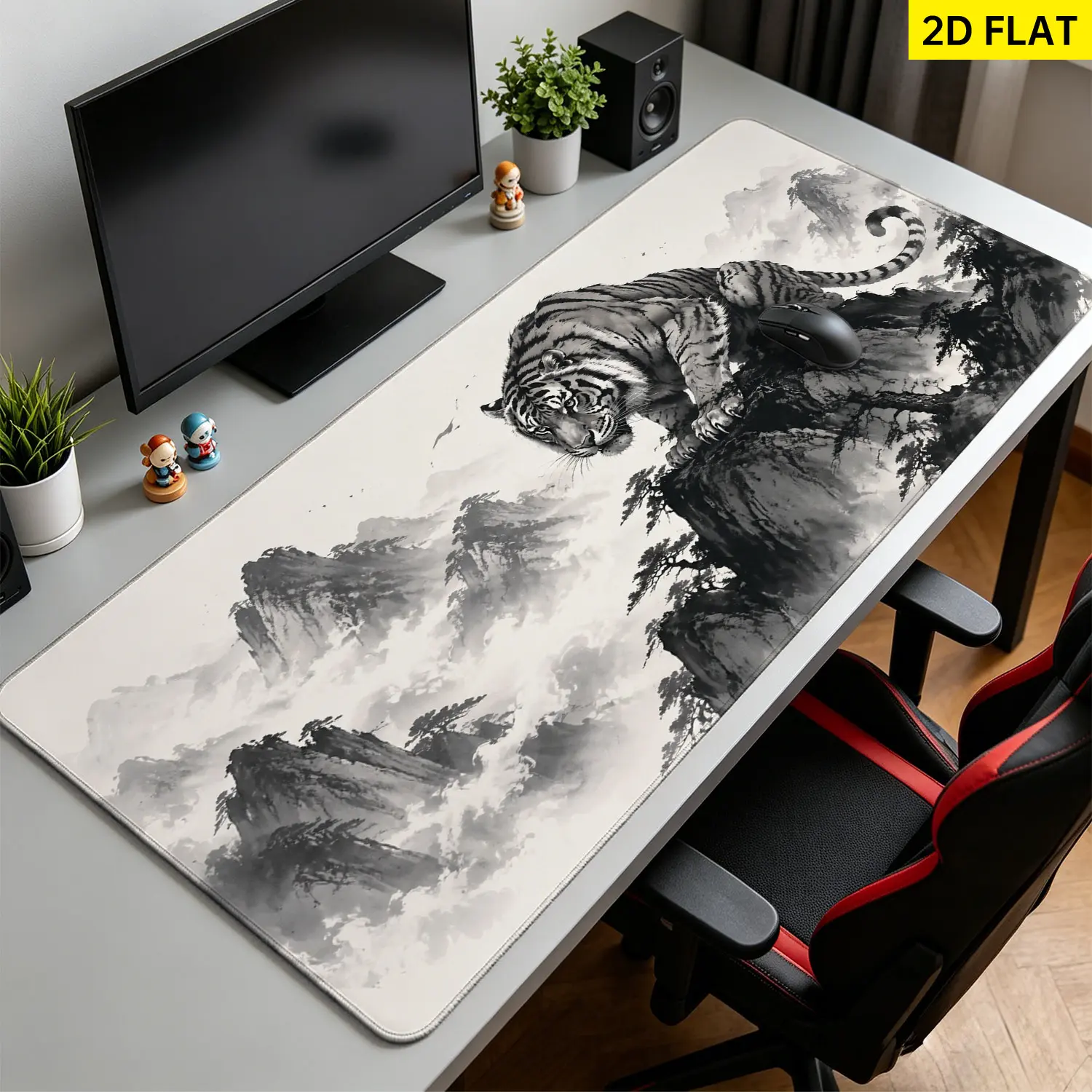 Extra Large Chinese Ink Wash Painting Tiger Mouse Pad, Non Slip Rubber Pad, Desktop Decoration Drotection Pad, Washable, Lock Edge Multi Size, Premium Multipurpose Mousepad For Office, Gaming Desk, Gift for Family and Friends