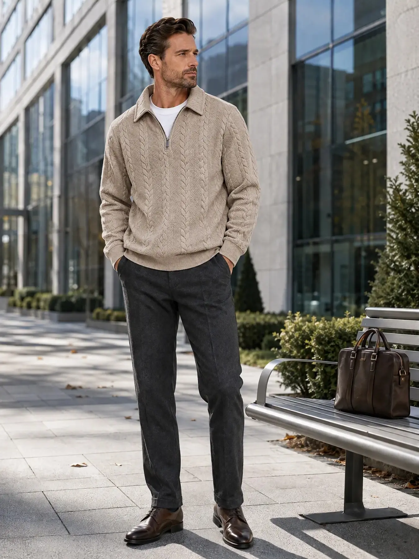 Men's 1/4 Zip Lapel Sweatshirt, Business Casual Style, Textured Cable Knit Lapel Half-Zip Ribbed Hem, Fall Winter Daily Wear, Casual Knitwear Top