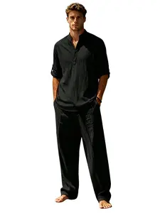 Men's Linen Texture Set, Breathable Henley Shirt & Wide Leg Pants, Roll-Up Sleeves, Lightweight, Versatile, Casual, Plain