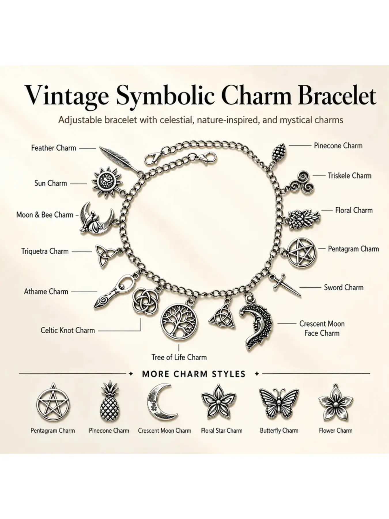 Rebel Babe Studio 2-in-1 Vintage Witchy Charm Bracelet & Anklet for Women, Adjustable Double Lobster Clasp with Moon, Pentagram and Tree of Life Charms