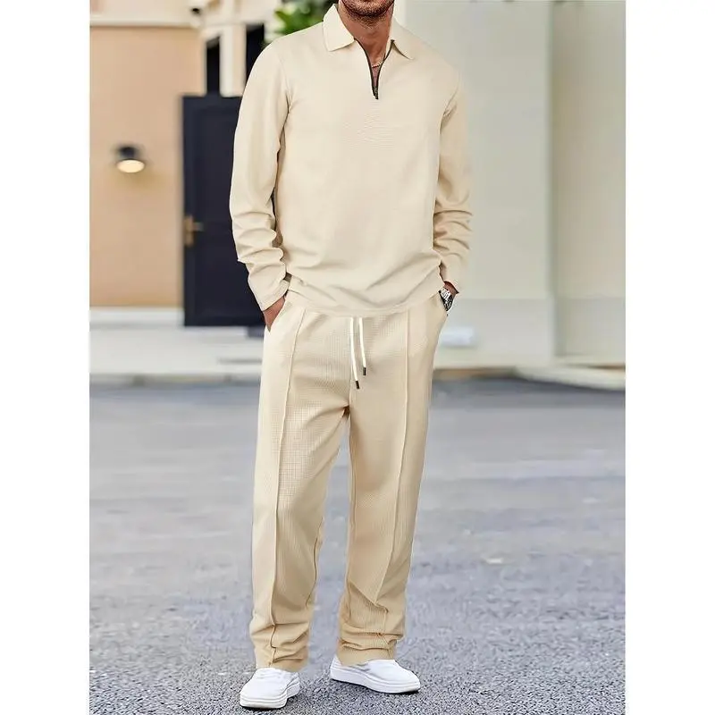 Men's Two-Piece Suit Solid Color Knitting Suit, Pullover and Drawstring Pants-Everyday Wear Comfortable Clothing
