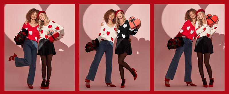 Saodimallsu Womens Cute Love Heart Print Sweaters Oversized Off The Shoulder Loose Knitted Valentine Pullover Blouse Top