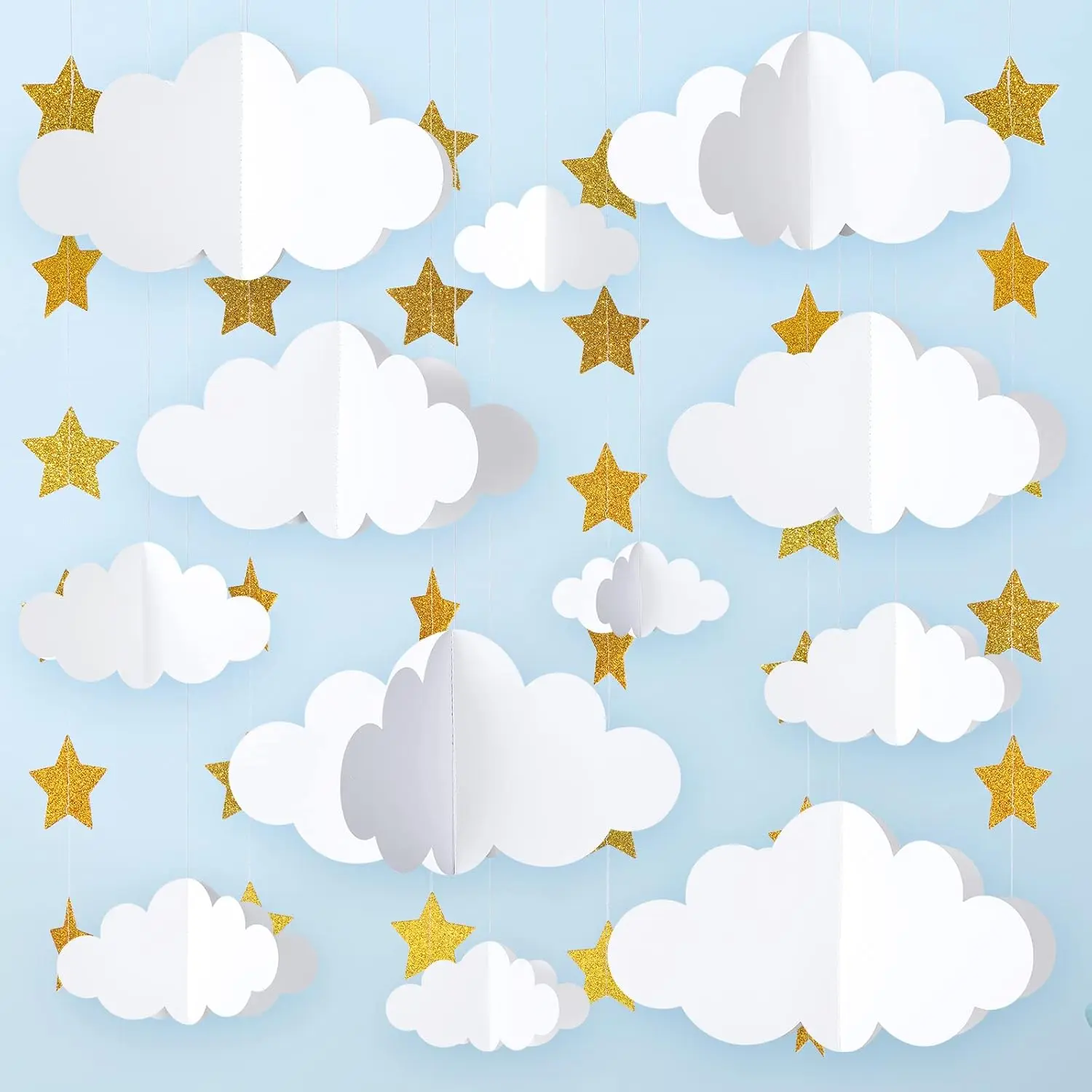 18 Pcs 3D Cloud Party Ornaments, White Paper Hanging Clouds with Star Garland Hanging Ornaments, Festive Backdrop Decor for Shower, Wedding Ceiling & Room Decor