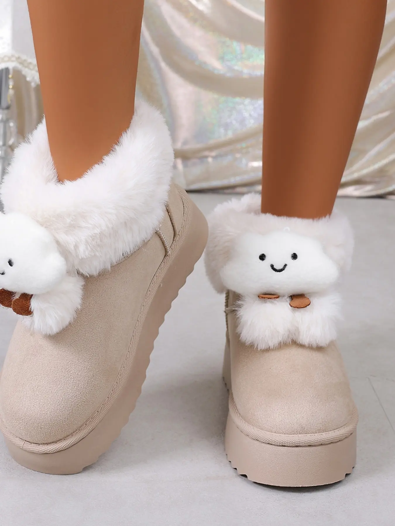 New Women's Fashionable Comfortable Cute Cloud Doll Thick Sole Snow Boots, Fuzzy Trim Warm Short Cuff Cotton Shoes