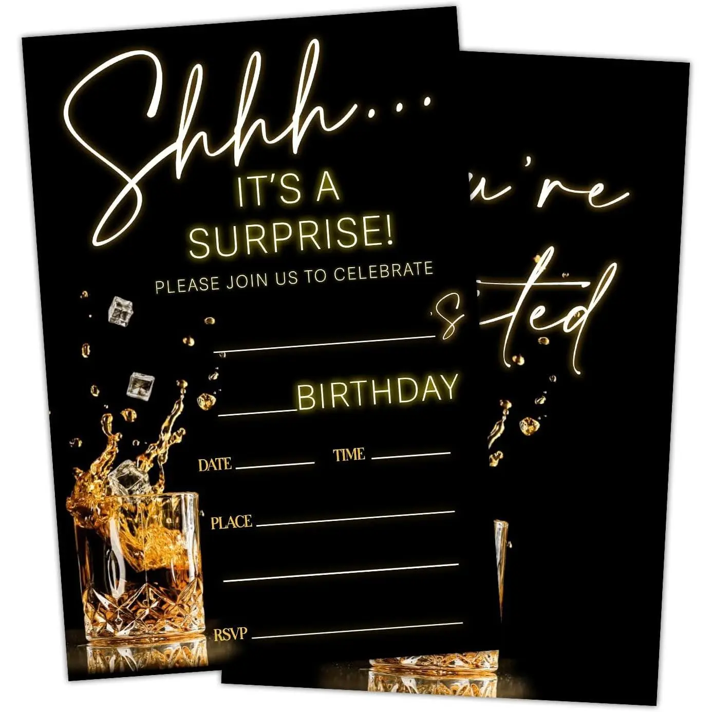 Surprise Birthday Party Invitation Cards for Adults Women Men, Black Gold Birthday Celebration Party Invite Supplies, 20 Double-Sided Fill In Invites With Envelopes