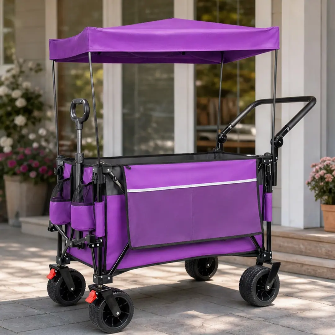 ARCH Heavy Duty Folding Wagon with Canopy, 480lbs Capacity 300L, Push-Pull Handle, 7" Diameter All-Terrain Wheels with Brakes, Collapsible Purple Steel Cooler, 600D Ripstop Oxford Fabric Bin, Adjustable Curtain, for Beach Groceries, Compact Design Utility