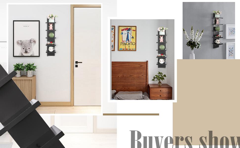 1=5 Tier Shelvesl, Vertical Column Wall Decor Mount Floating Shelves for Bedrooms, Living Rooms, Natural Finish Wall Shelf, Black