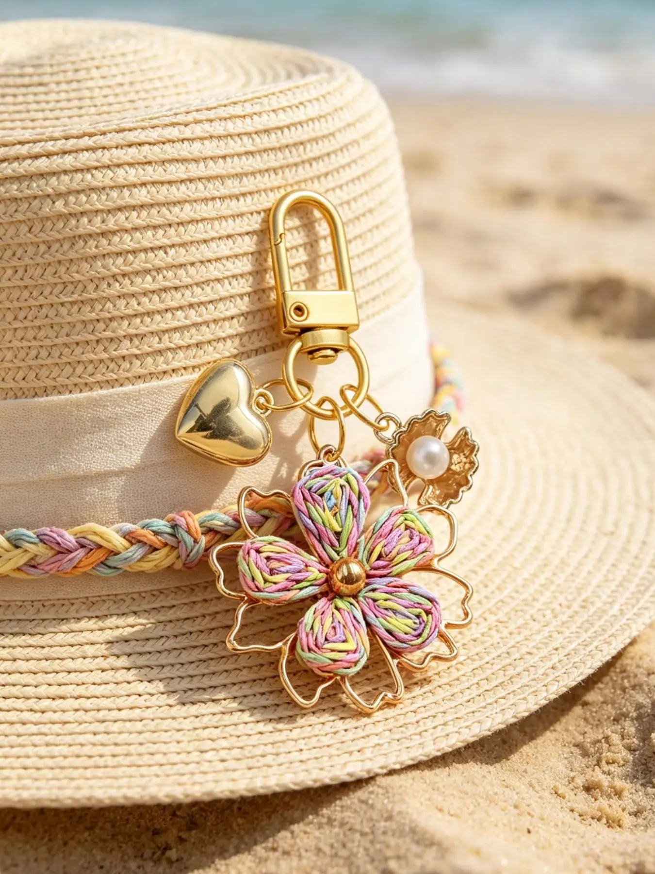 Vintage Bohemian Keychain, Handmade Floral Design, Shell and Heart Elements, Hawaiian Style, Perfect Gift for Family and Friends