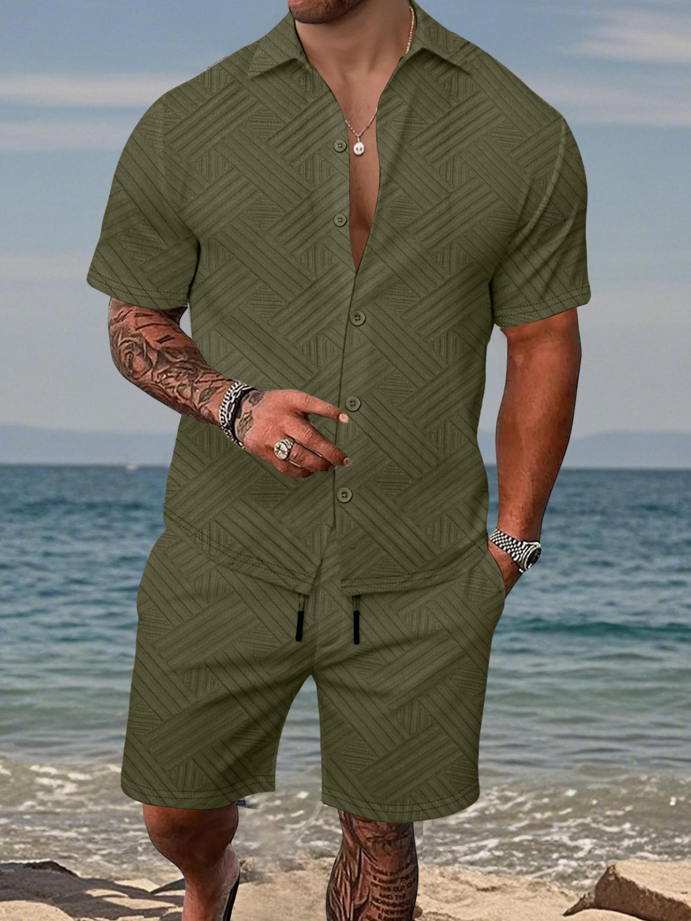 Men's 2-piece set:a short-sleeve button-up shirt paired with drawstring shorts. This summer outfit features a casual, Tropical textured diagonal stripe pattern, perfect for beach getaways, vacations, casual outings, and more—a men's stripe set.