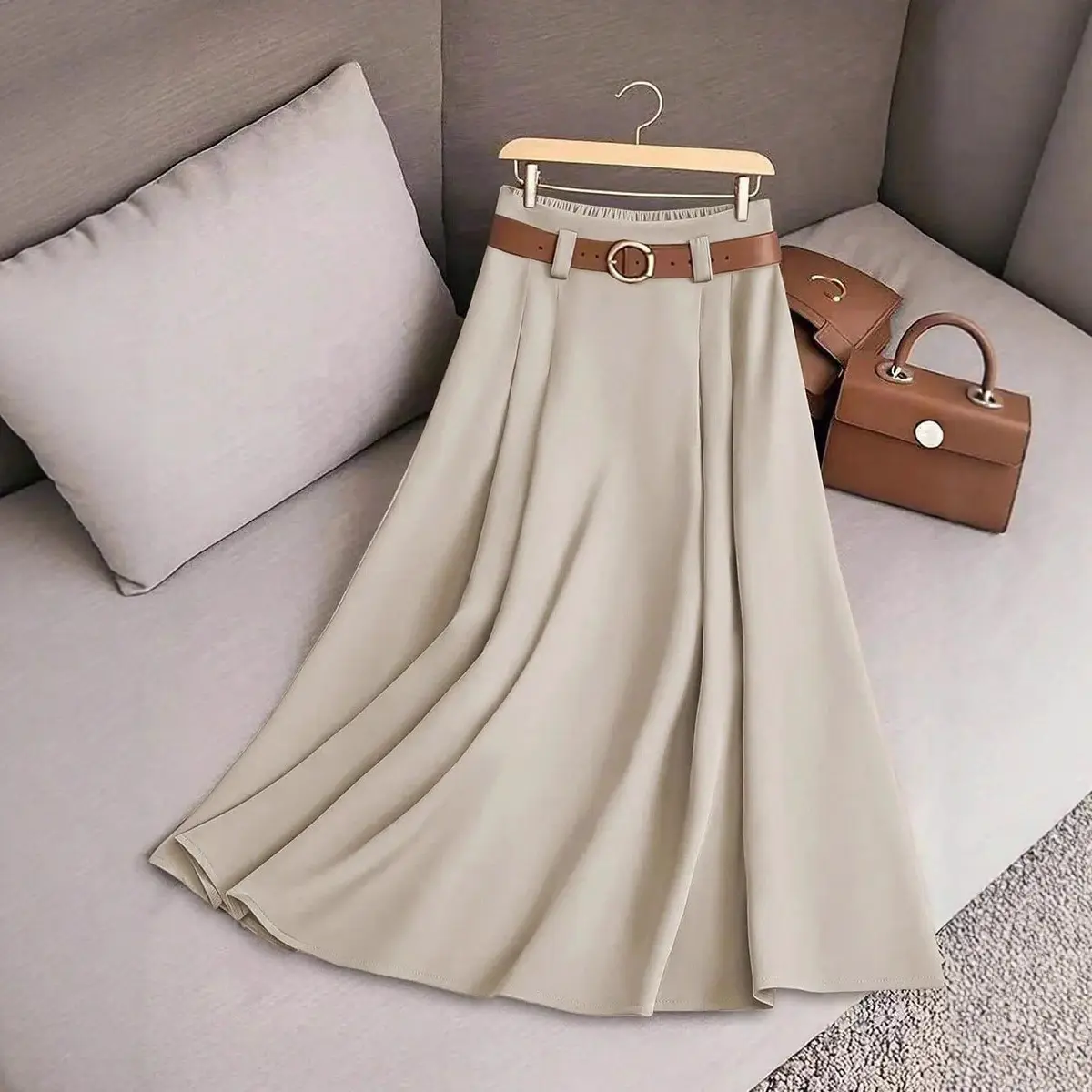 Women's Autumn Winter Elegant Formal Long Skirt - Fitted Woven Fabric, Plain Pattern, Belt-Included, Ideal for Daily Commuting