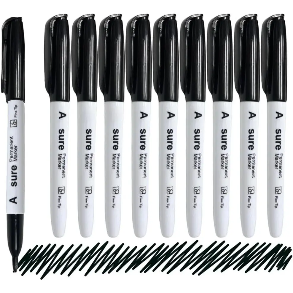 10 Pack Black Permanent Felt  Markers, Fine Point, Fade Resistant, Writes  Plastic, Metal, Glass, and Stone.…, Felt Tip Pen, Permanent Ink, Chisel Line Size, Plastic/Metal/Glass/Stone