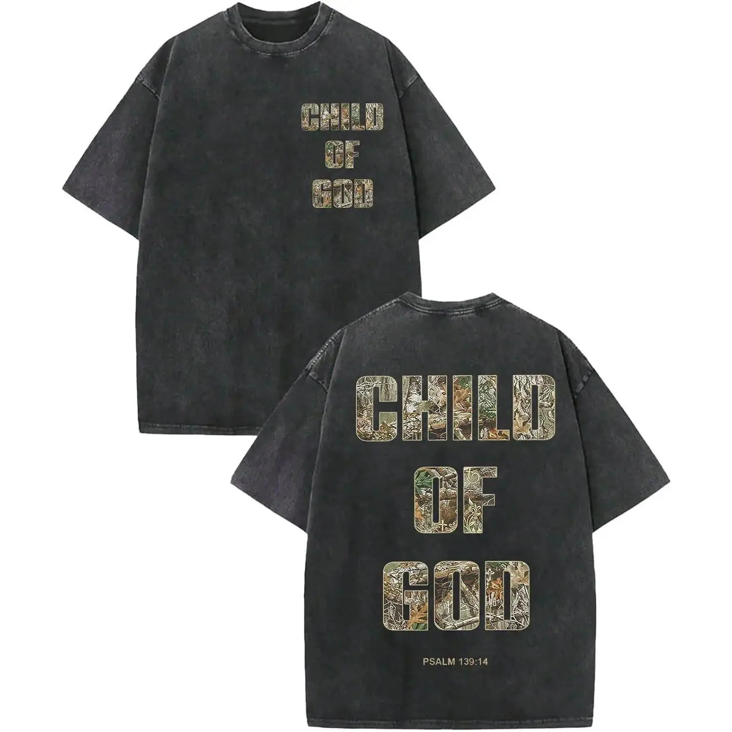Men's Washed Cotton Short-Sleeve Round Neck Top, Casual Menswear Vintage Christian Faith Streetwear, Heavyweight Bible Verse Graphic Oversized Tee