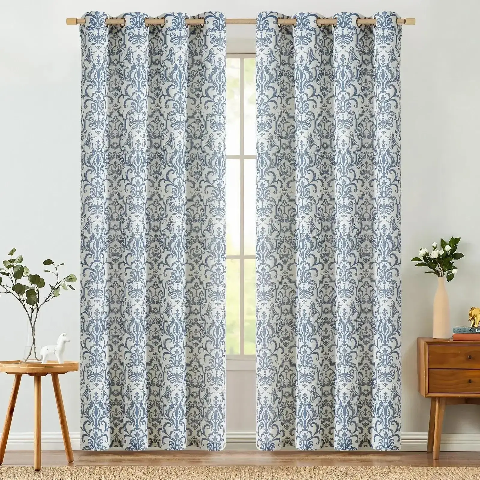 Baroque Damask Linen-Blend Grommet Curtains, 2 Panels, Wrinkle-Free, Smooth Drape, Soft Glow, for Living Room Decor, Two Panels