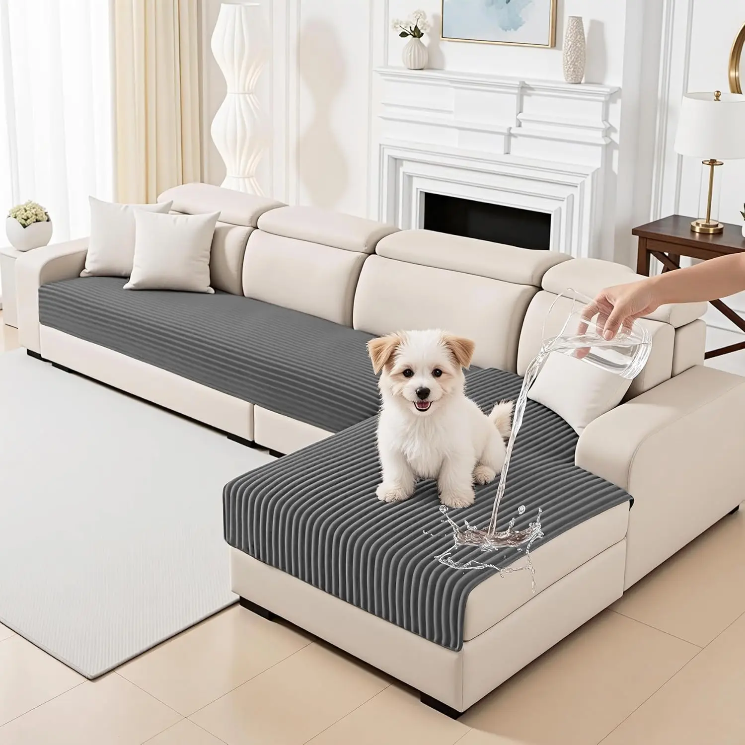 100% Waterproof Non Slip 2 Pieces Couch Covers for Sectional L Shaped Sofa, Pet Dog Friendly Couch Cover, Dark Grey, Size 35"x63"+35"x63"