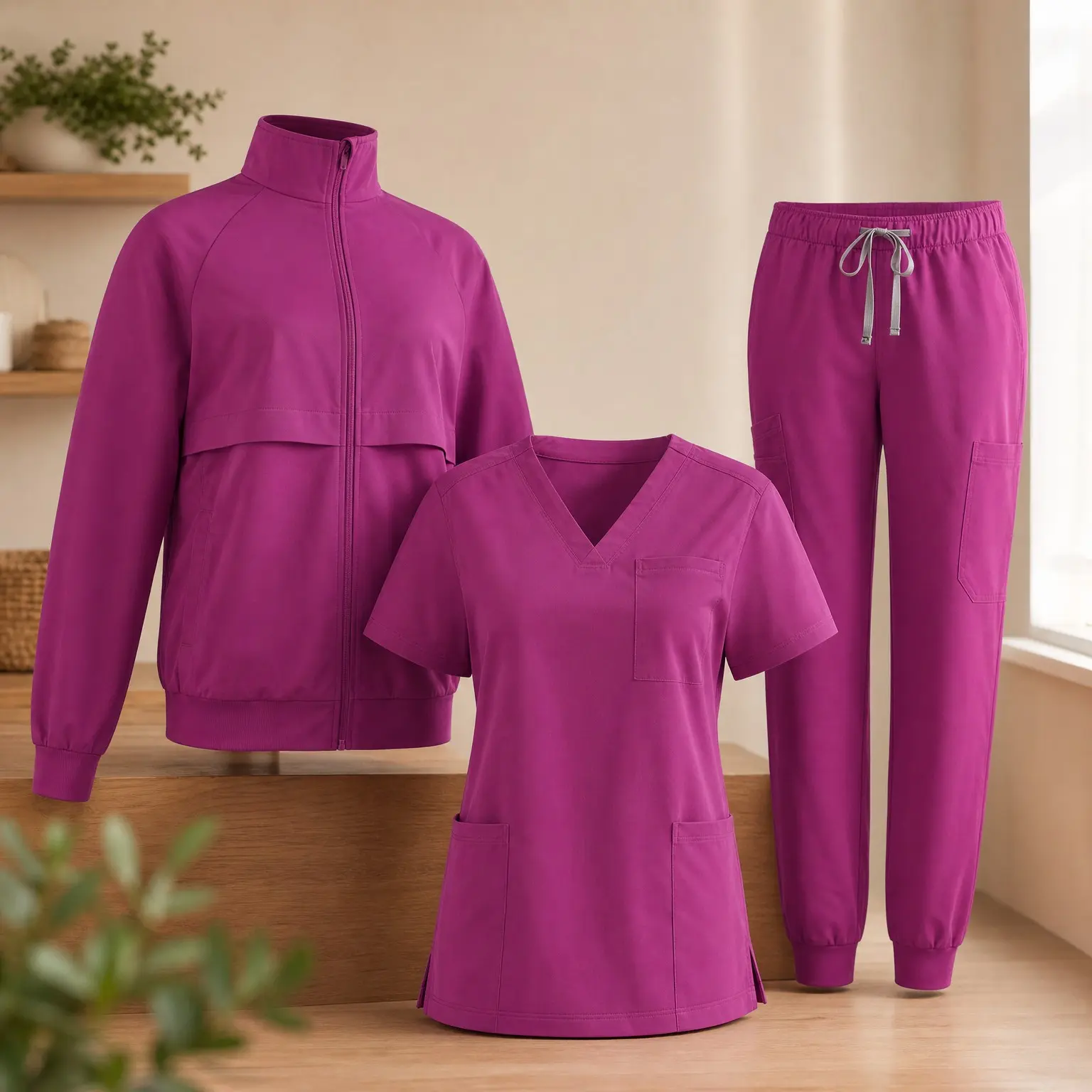 Long Sleeve Medical Scrub Jackets for Women Zip Front Three-Piece Set