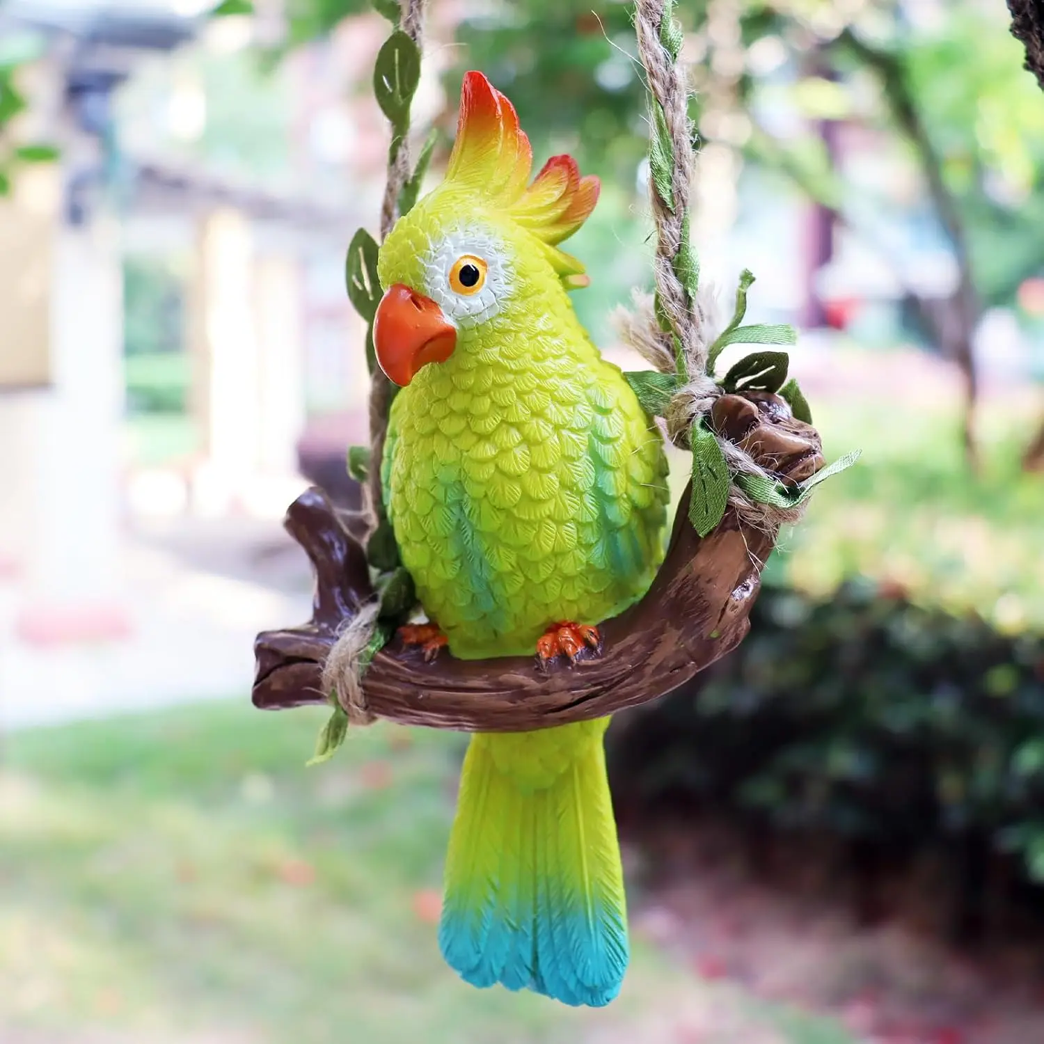 Green Synthetic Parrot-Shape Bird Statue, Fade-Resistant Outdoor Decor for Yard, Indoor Home Bar Accents